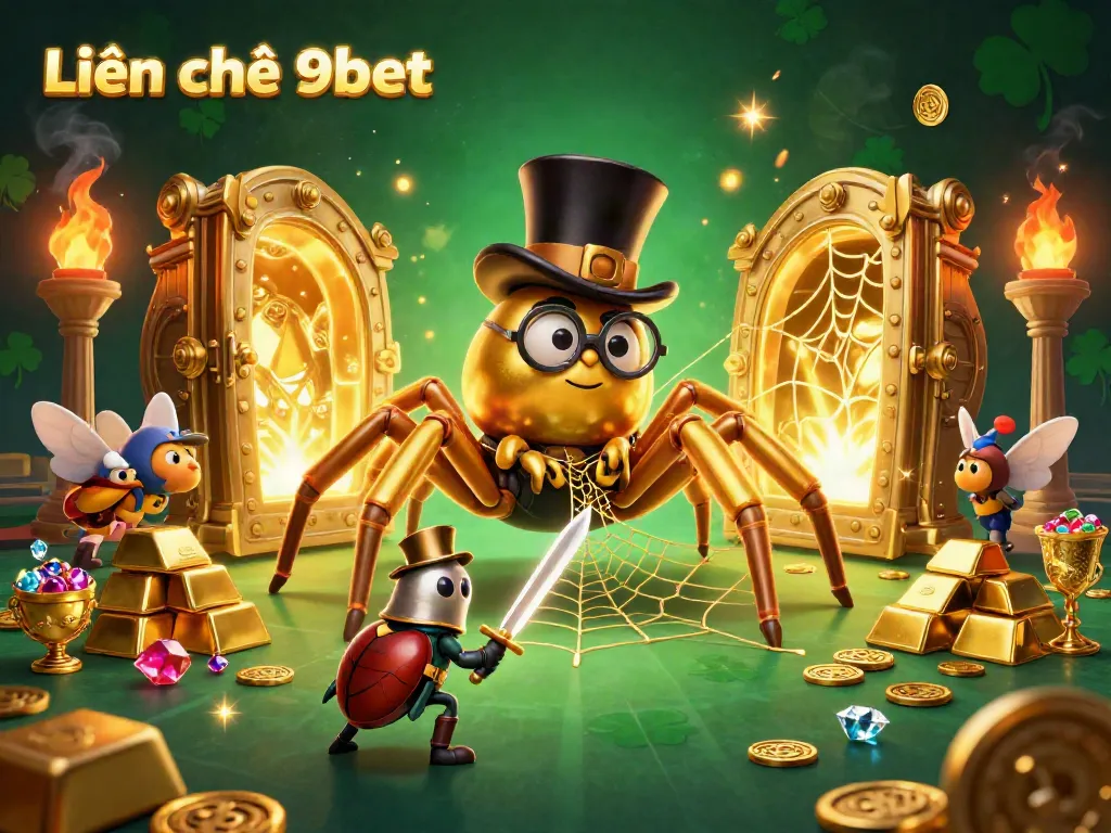 Engage with Liên hệ 9bet for instant support illustrated by a dynamic casino scene with 3D characters.