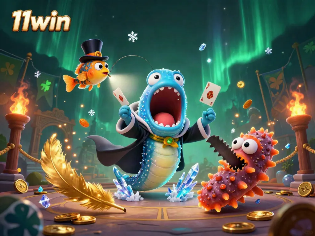 11win showcases a captivating 3D rendering of a bioluminescent eel magician performing tricks, surrounded by dynamic casino elements.