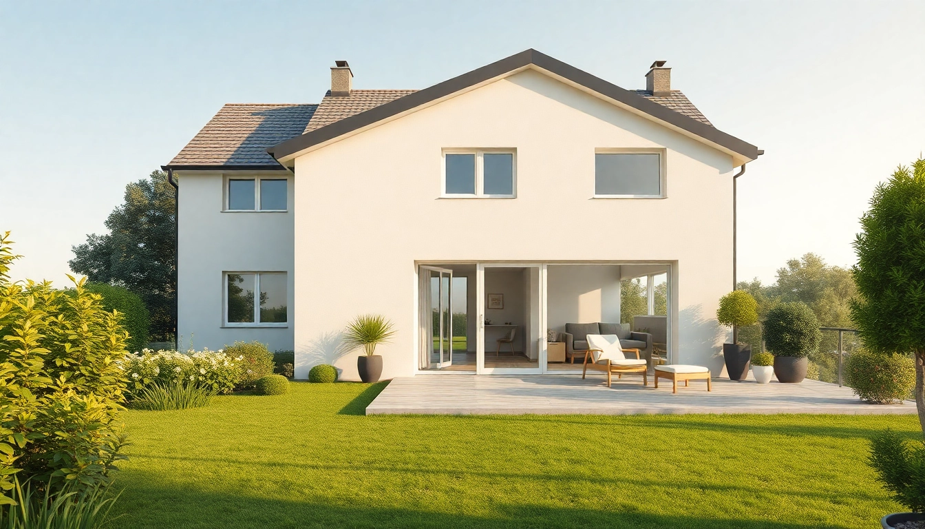 Architekturvisualisierung eines modernen Wohnhauses mit Garten und Terrasse, harmonisch und fotorealistisch dargestellt.