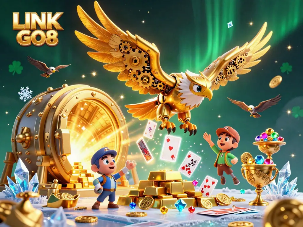 Experience the thrill of LINK GO8 with a cybernetic eagle diving amidst jewels and playing cards