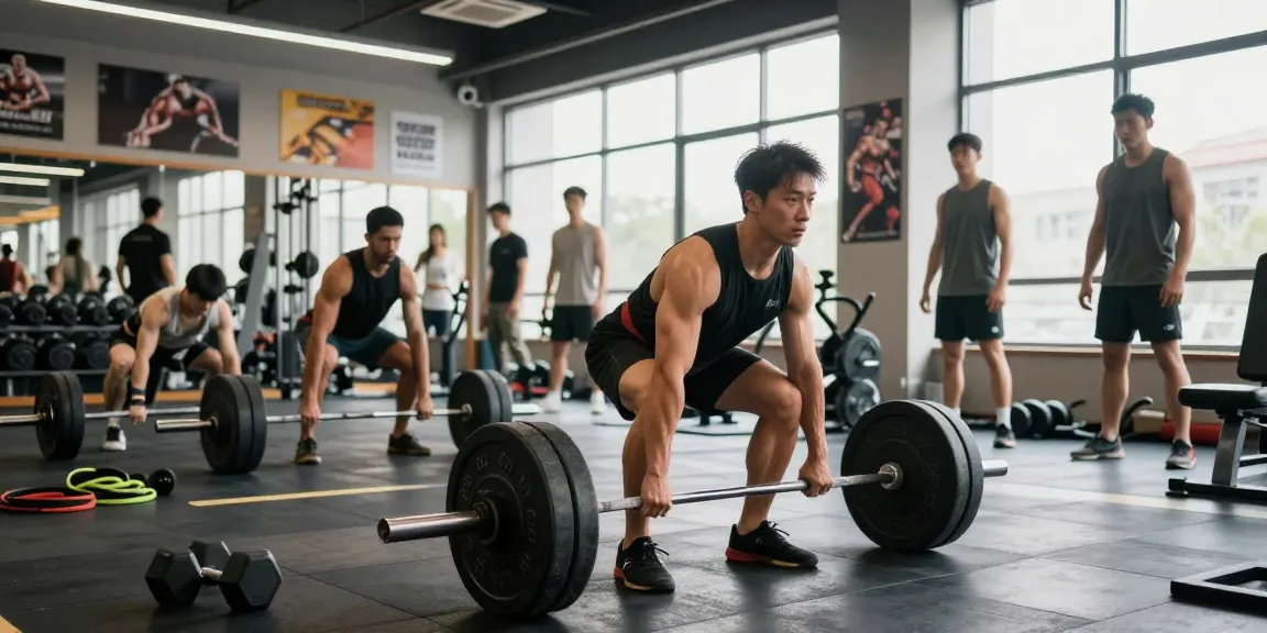 Anabolika Shop: Bodybuilder beim Training im modernen Fitnessstudio, zeigt Stärke und Entschlossenheit.