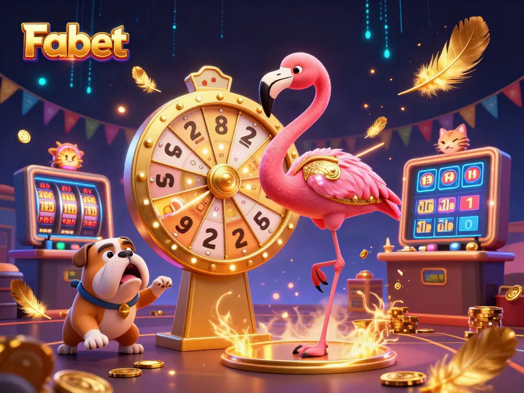 Spin the giant prize wheel at Fabet while excitedly placing bets in a vibrant casino scene.