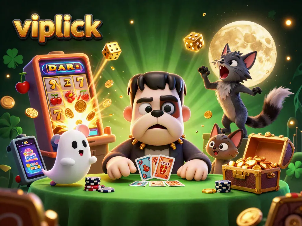 Experience the thrill of vipluck while playing cards with a cartoon bulldog monster amidst dazzling casino elements.