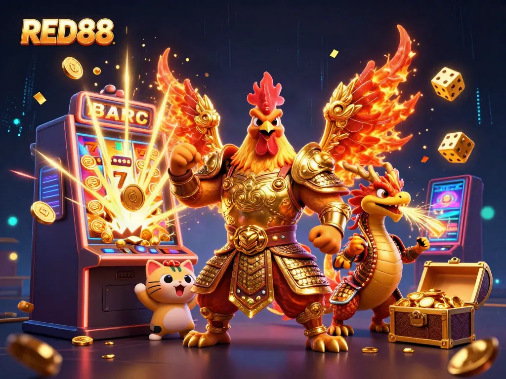 Engage in winning spins with RED88's vibrant slot machine scene featuring dynamic characters.