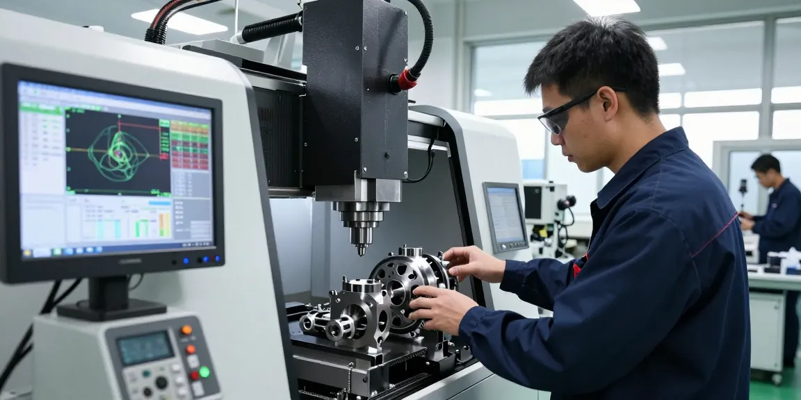 Präzisionstechnik Luft- und Raumfahrt in moderner CNC-Bearbeitung mit Techniker, Maschinen und Qualitätskontrolle.