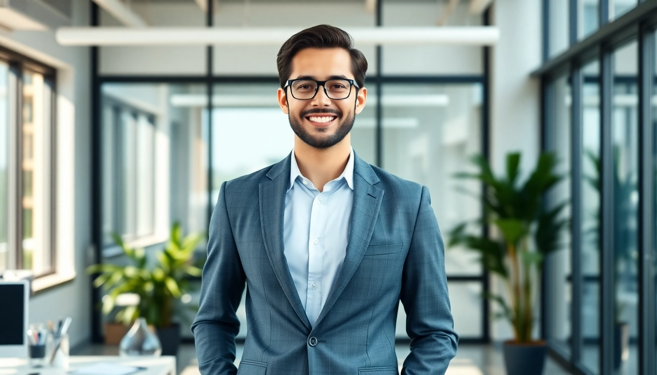 Erstellen Sie ein beeindruckendes Business Portrait München mit einem selbstbewussten Profi in einem modernen Büro.