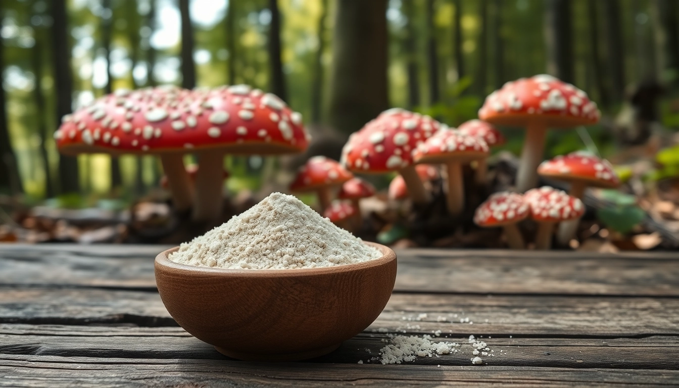 Fliegenpilz pulver in a wooden bowl surrounded by Amanita muscaria mushrooms in a forest.