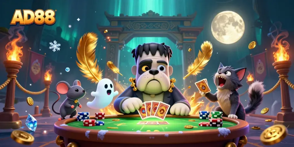 AD88 explores a spooky casino scene with a bulldog monster dealing cards while a ghost mouse floats among chips.