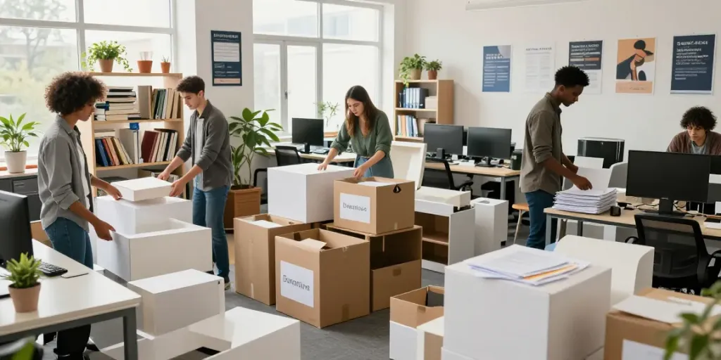 Büroentrümpelung Wien - Team sortiert alte Büromöbel und Akten in modernem Büro.