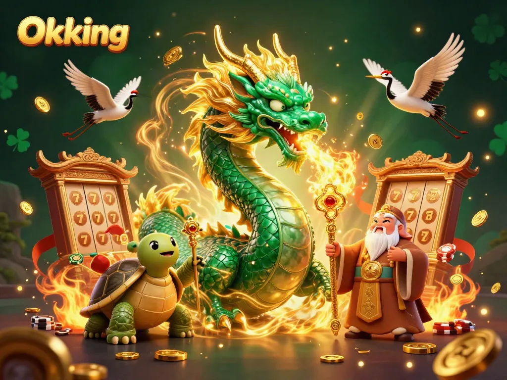 Experience excitement with Okking’s jade dragon amid detailed casino elements.
