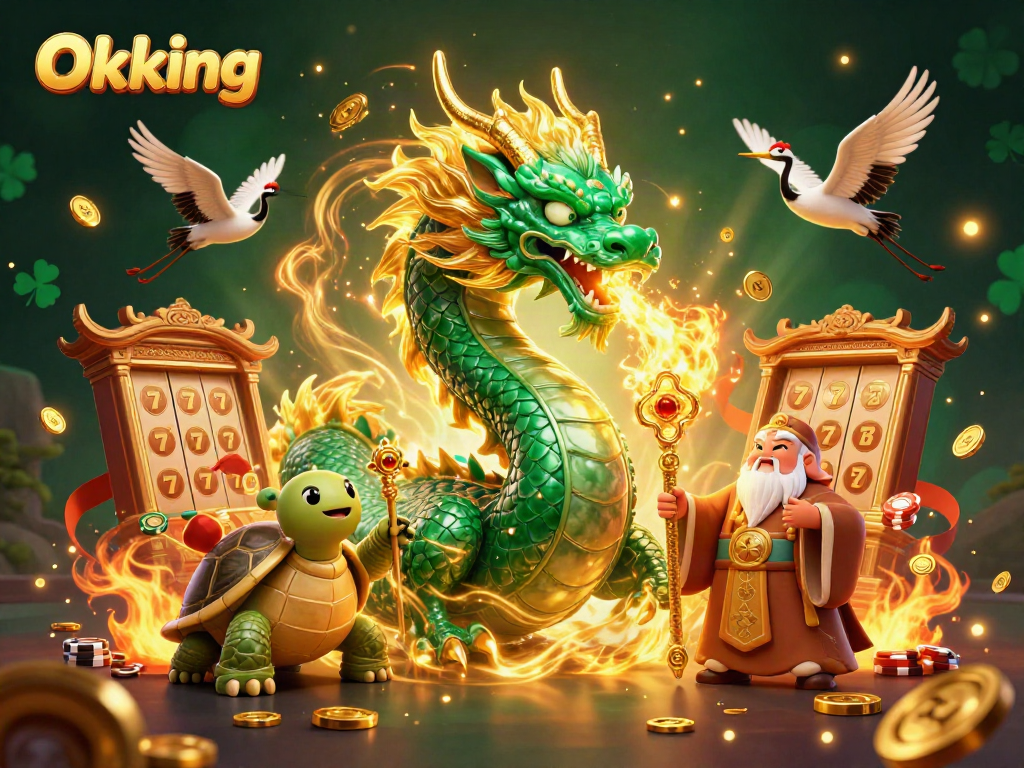 Experience excitement with Okking’s jade dragon amid detailed casino elements.