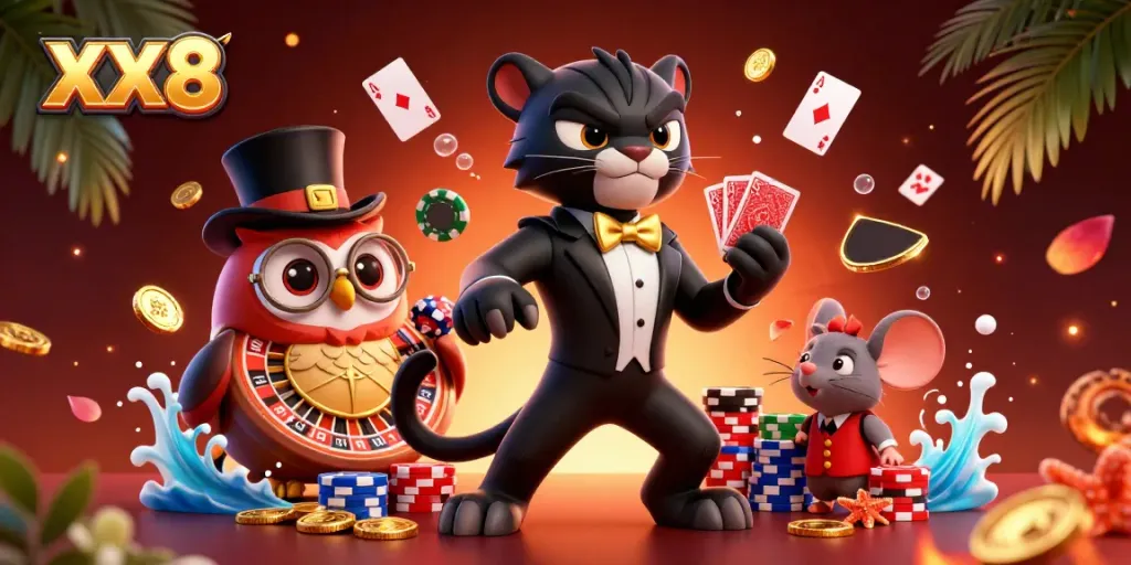 Watch the stylish panther deal cards at XX8 casino surrounded by vibrant playing elements, winning chips, and gold coins.