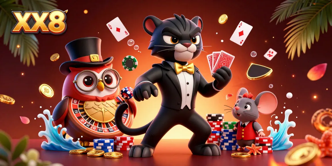 Watch the stylish panther deal cards at XX8 casino surrounded by vibrant playing elements, winning chips, and gold coins.