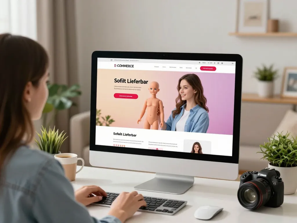 Fesselnde Szene eines Kunden, der Sofort Lieferbar Sexpuppen auf einer modernen E-Commerce-Website erkundet und das benutzerfreundliche Design hervorhebt.
