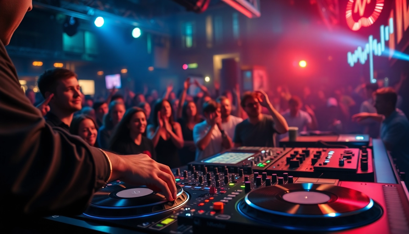 DJ aus München energetically performing at a lively event with glowing lights.