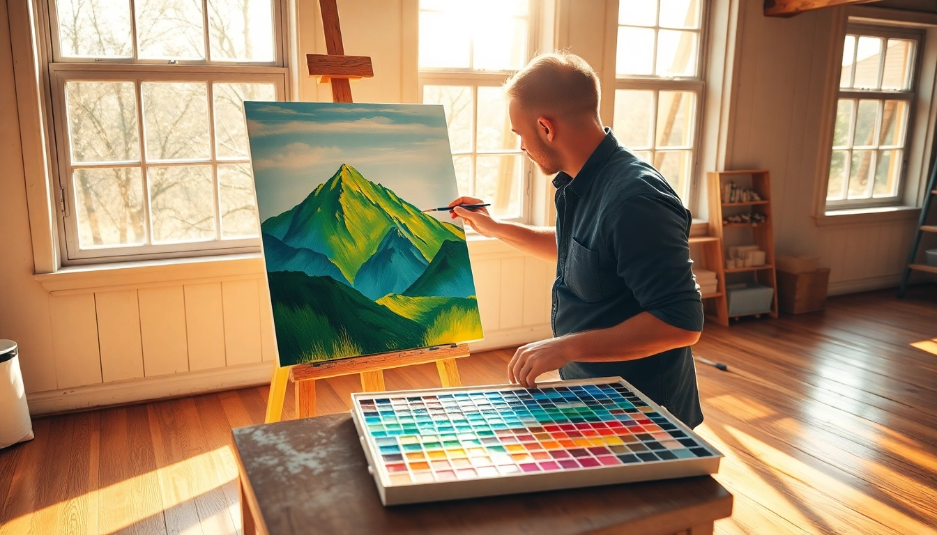 Captivating painting in progress by an artist in a sunlit studio.