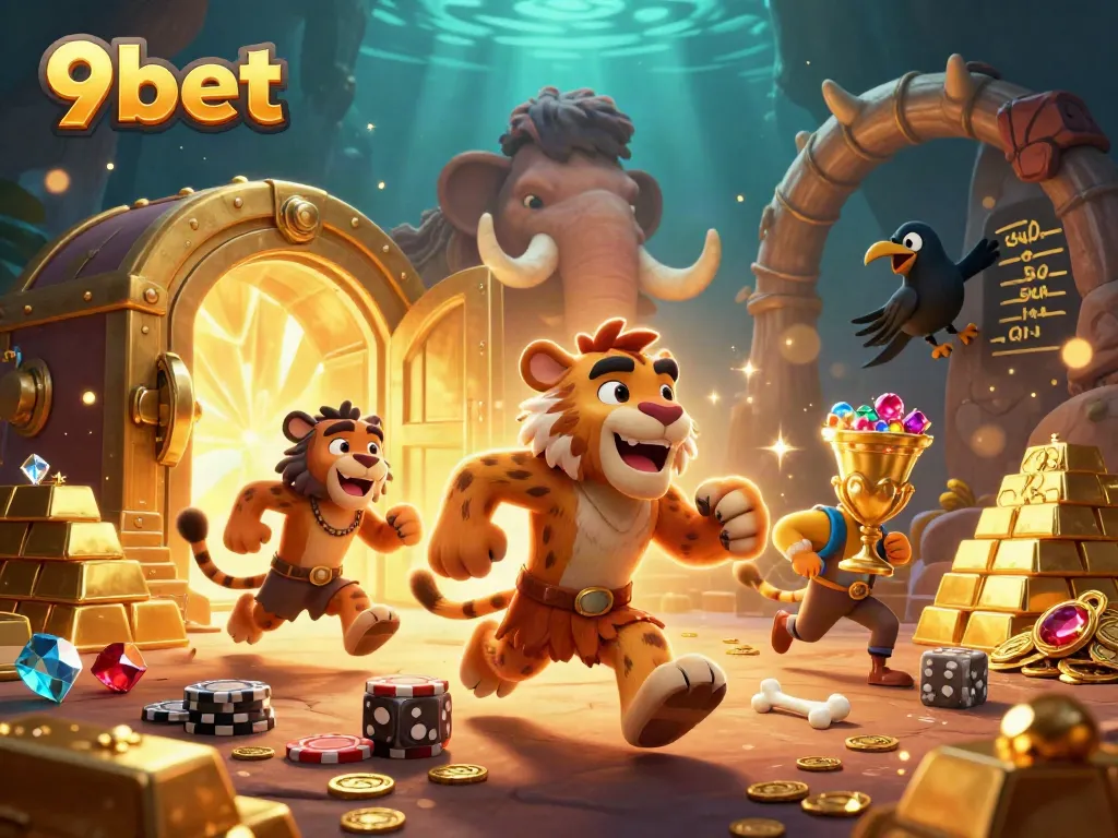 Experience epic wins at 9bet with a lively prehistoric casino scene filled with treasures and excitement.