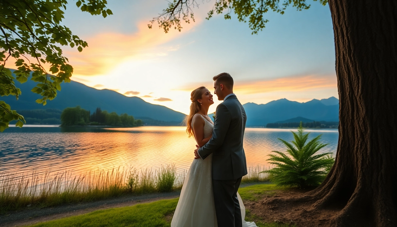 Hochzeitsfotograf Tegernsee begleitet ein Paar in der Natur am Seeufer.