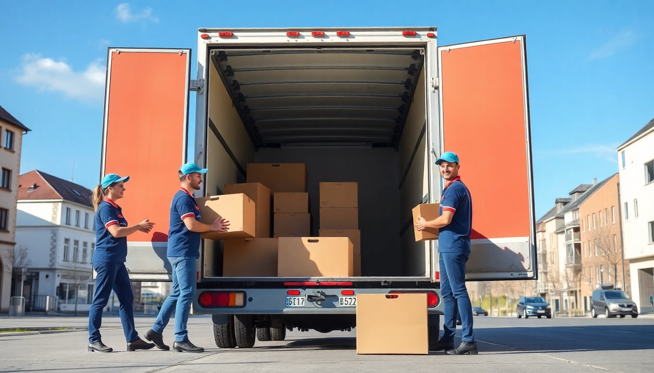 Professionelle Umzugshelfer des umzugsunternehmen im Saarland verladen sorgfältig Möbel in einen Umzugswagen.