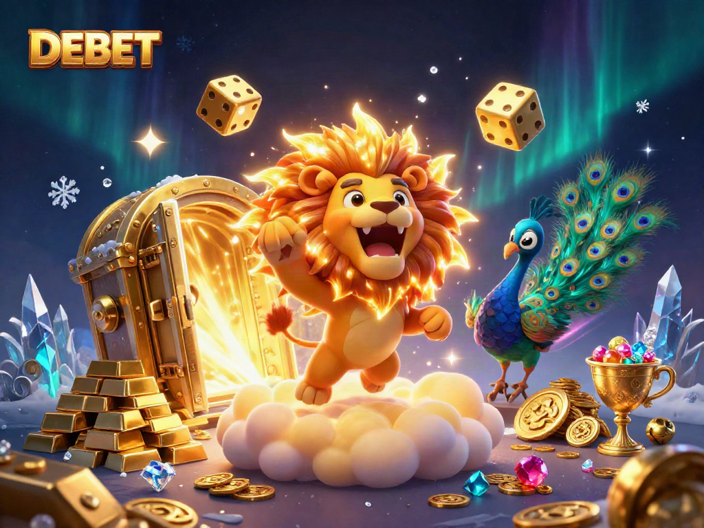 Experience the thrill of winning at DEBET with vibrant characters and casino symbols in a dynamic scene.