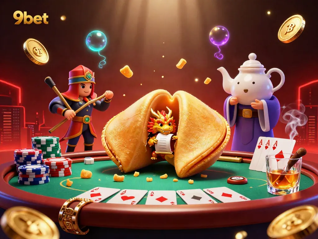 Engaging 3D scene featuring 9bet characters amid a vibrant casino atmosphere with fortune cookie and poker elements.