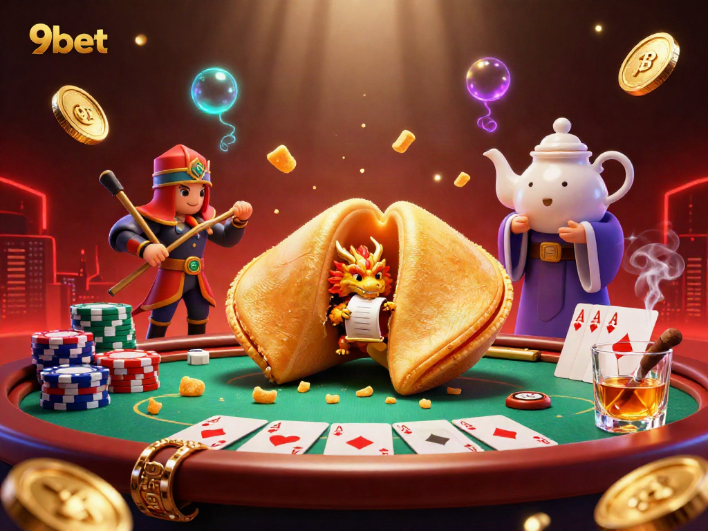 Engaging 3D scene featuring 9bet characters amid a vibrant casino atmosphere with fortune cookie and poker elements.