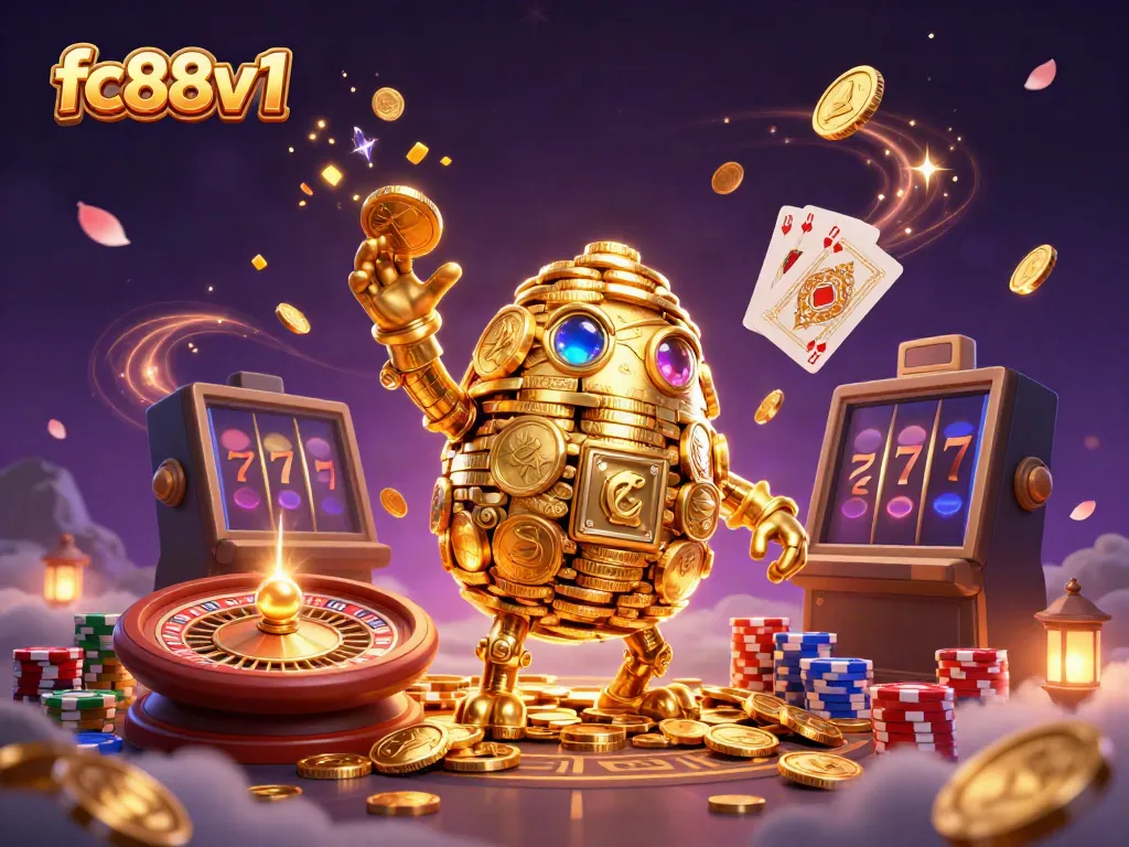 Win big on fc88v1 with a golden golem and slot symbols in a vibrant casino scene.