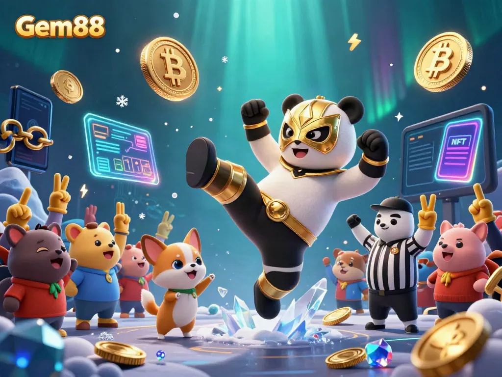 Engage with Gem88's vibrant and dynamic casino atmosphere, featuring animated characters and cryptocurrency elements.