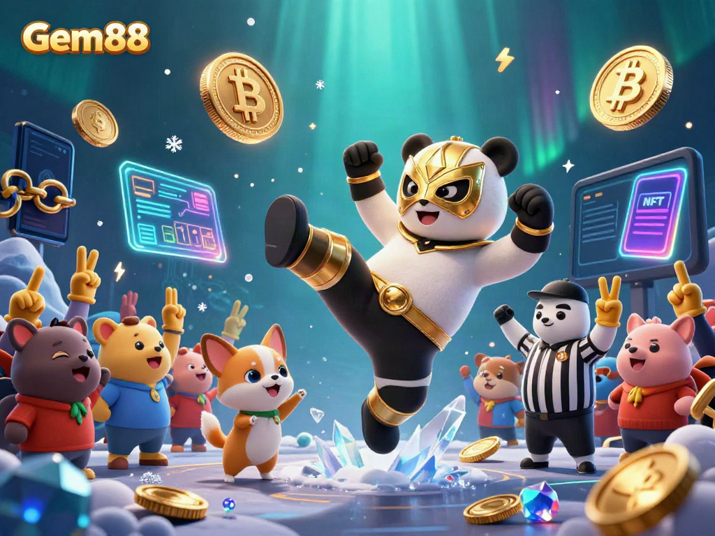 Engage with Gem88's vibrant and dynamic casino atmosphere, featuring animated characters and cryptocurrency elements.