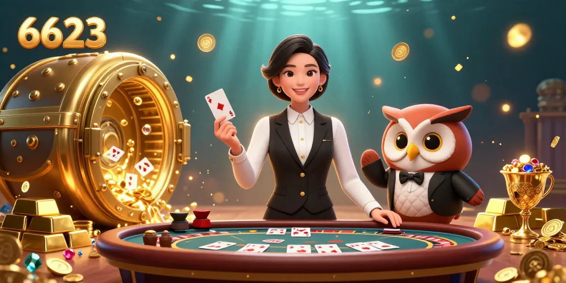Engage in thrilling games at 6623 with dealers at an elegant baccarat table surrounded by treasures.
