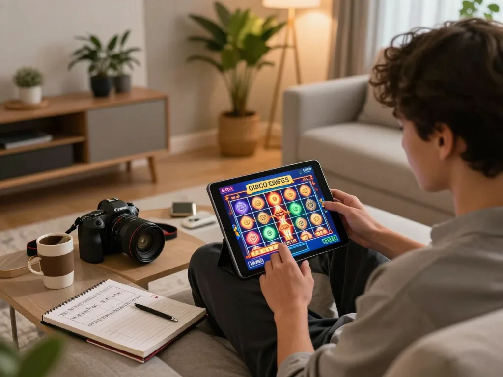 Engaging in a slot gaco game on a tablet in a cozy living room setting