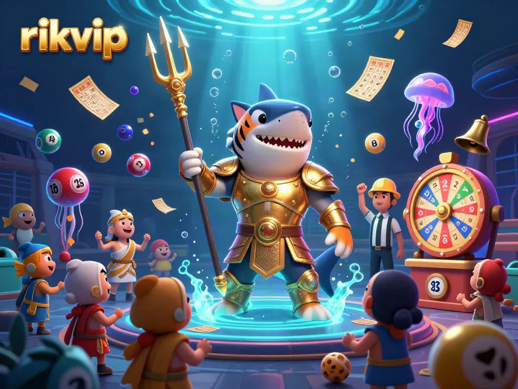 Play exciting games at rikvip with a mighty shark gladiator under a vibrant casino scene.