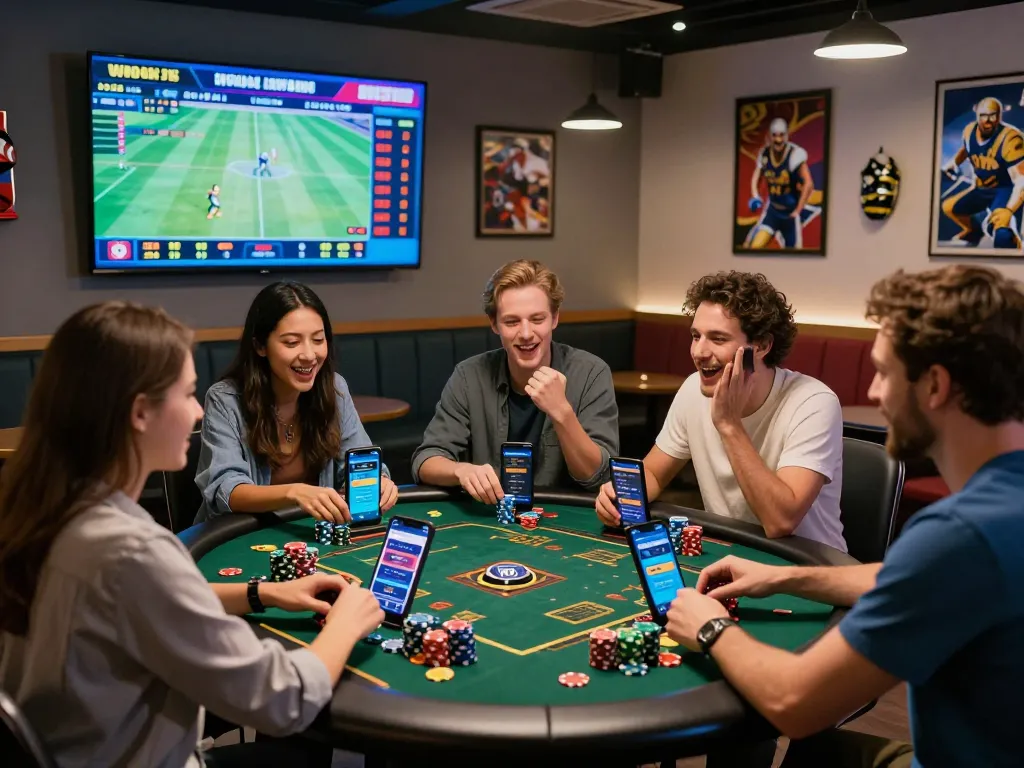Group enjoying live sports betting at VN88 in modern gaming lounge.