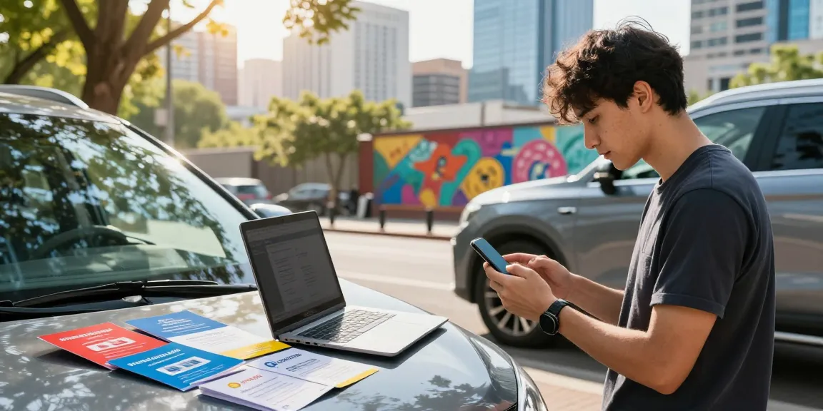 Junge Fahrerin vergleicht Autoversicherung Dortmund Optionen auf Smartphone im urbanen Umfeld mit Auto.