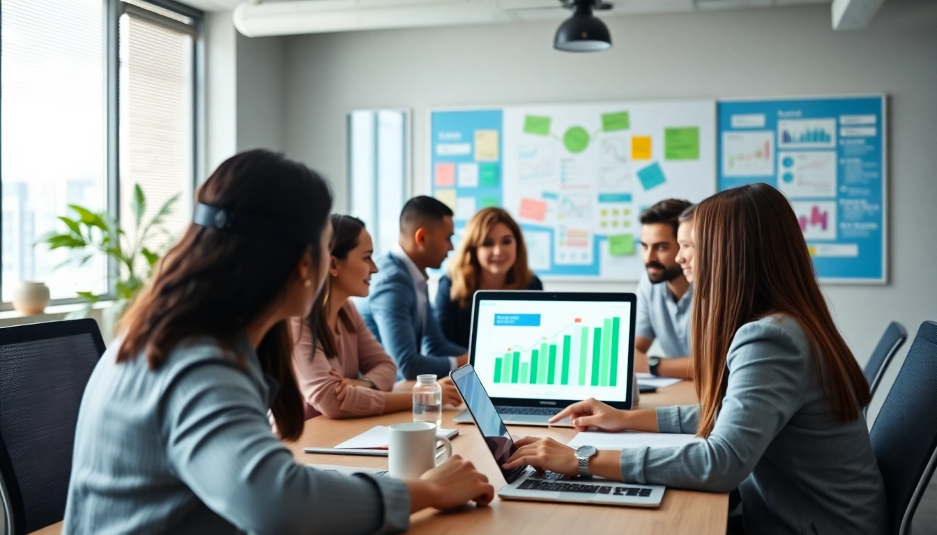 Online Marketing teamwork in a modern office, showcasing strategy collaboration and analytics.