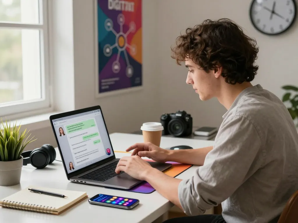 Engaging scene of sexting AI interaction in a modern digital workspace with chatbot conversation.