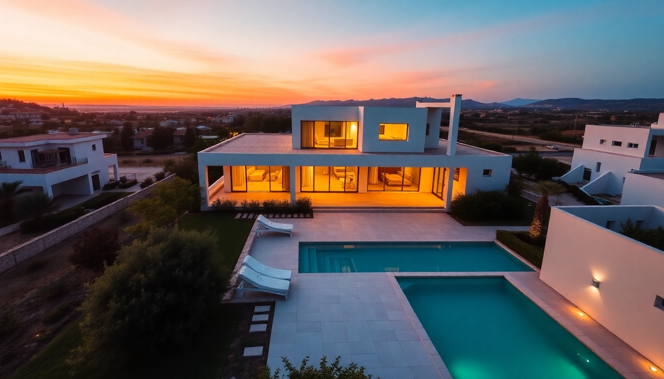 Kaufen Sie Immobilien in Nordzypern: modernes Villa-Design mit Pool dargestellt in dramatischer Dämmerung.