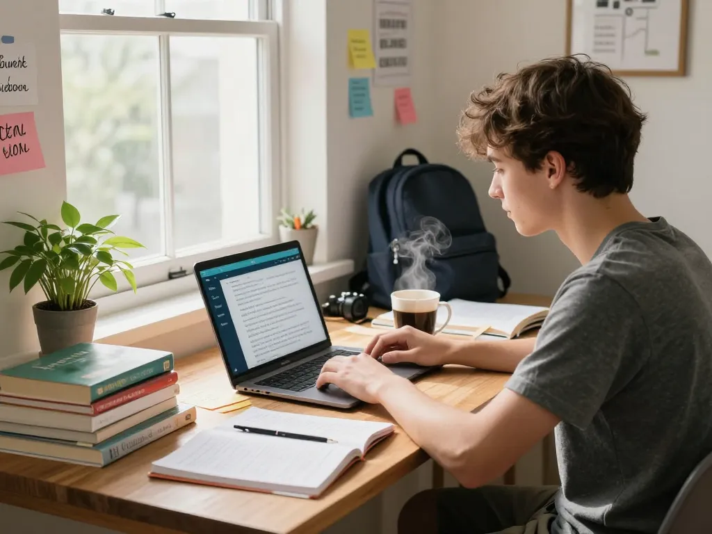 Student nutzt eine Hausaufgaben Löser App in einem gemütlichen Homeoffice.