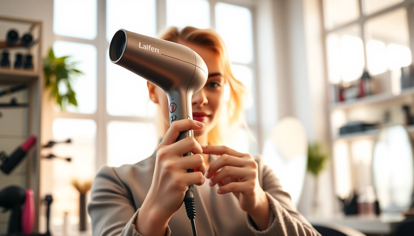 Verwendung des laifen föhn durch einen professionellen Hairstylisten in einem modernen Salon.