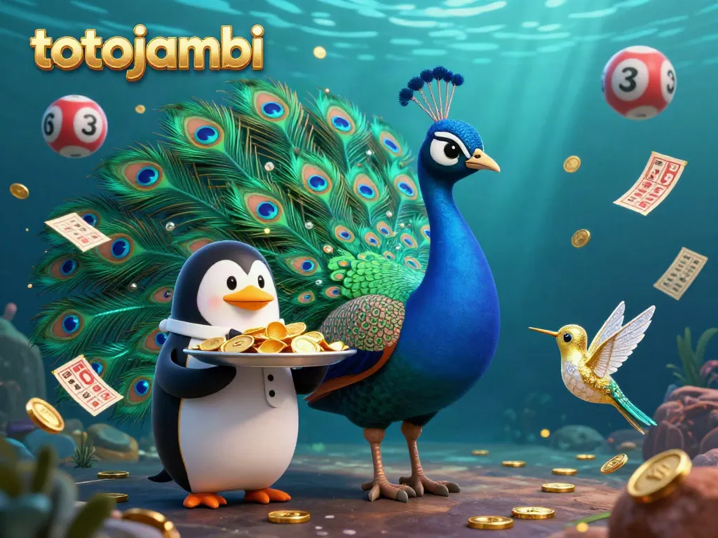 Experience thrilling wins with totojambi as a colorful peacock and friendly characters celebrate lottery excitement.
