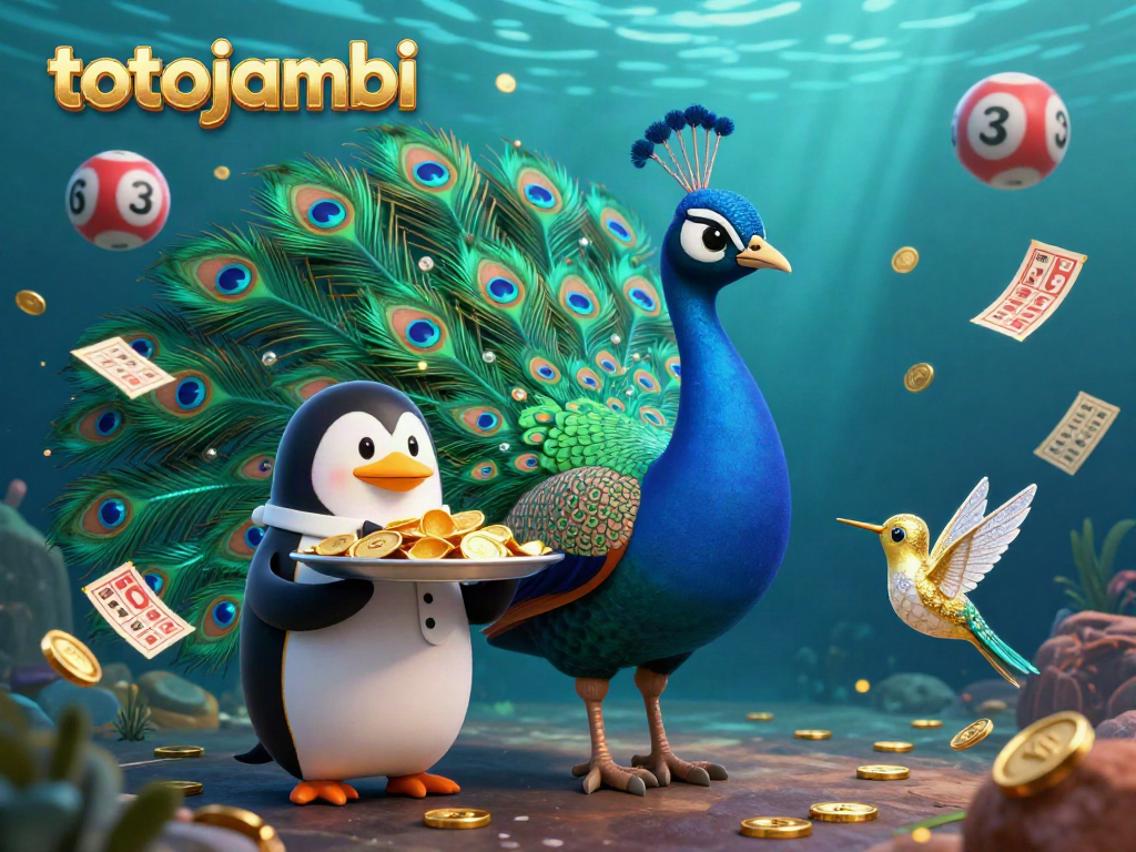 Experience thrilling wins with totojambi as a colorful peacock and friendly characters celebrate lottery excitement.