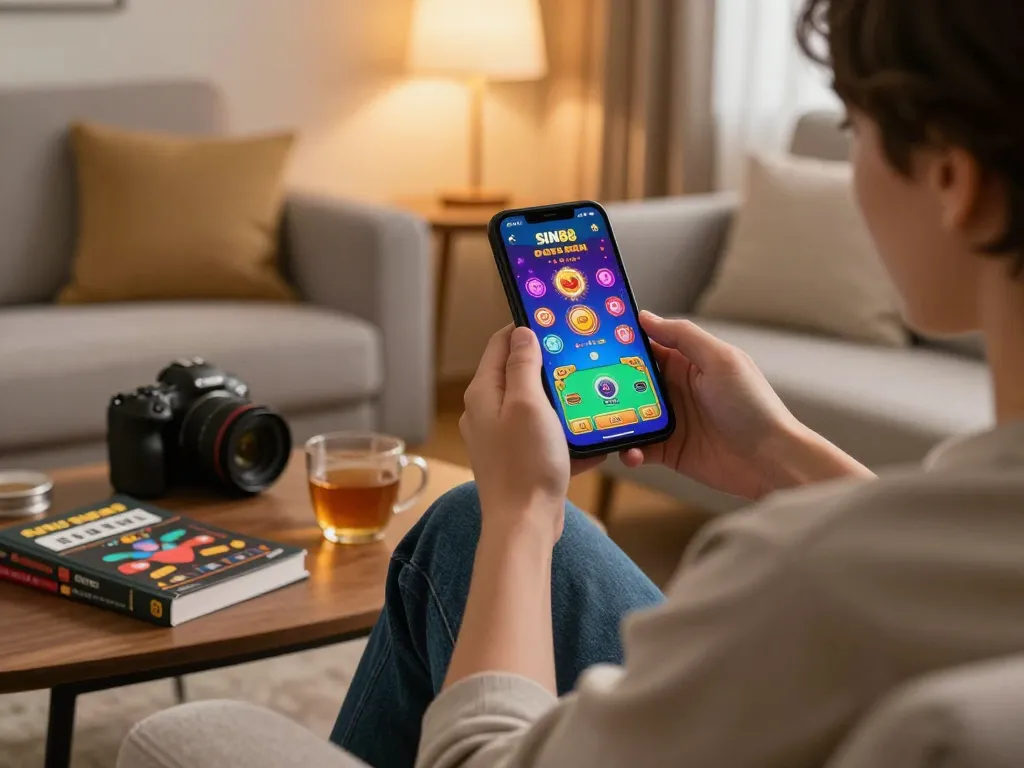 Engaging in sin88 đăng nhập on mobile app during a cozy home gaming session, showcasing strategic atmosphere.