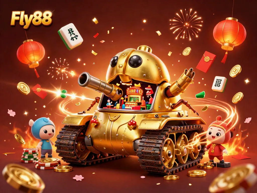 Celebrate wins at Fly88, a vibrant 3D casino scene filled with golden coins and festive elements.