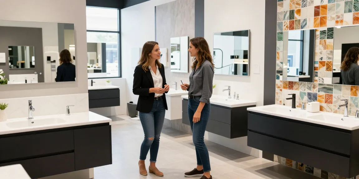 Verken stijlvolle badkamermeubel outlet opties met deskundige begeleiding en moderne ontwerpen in een goed verlichte showroom.