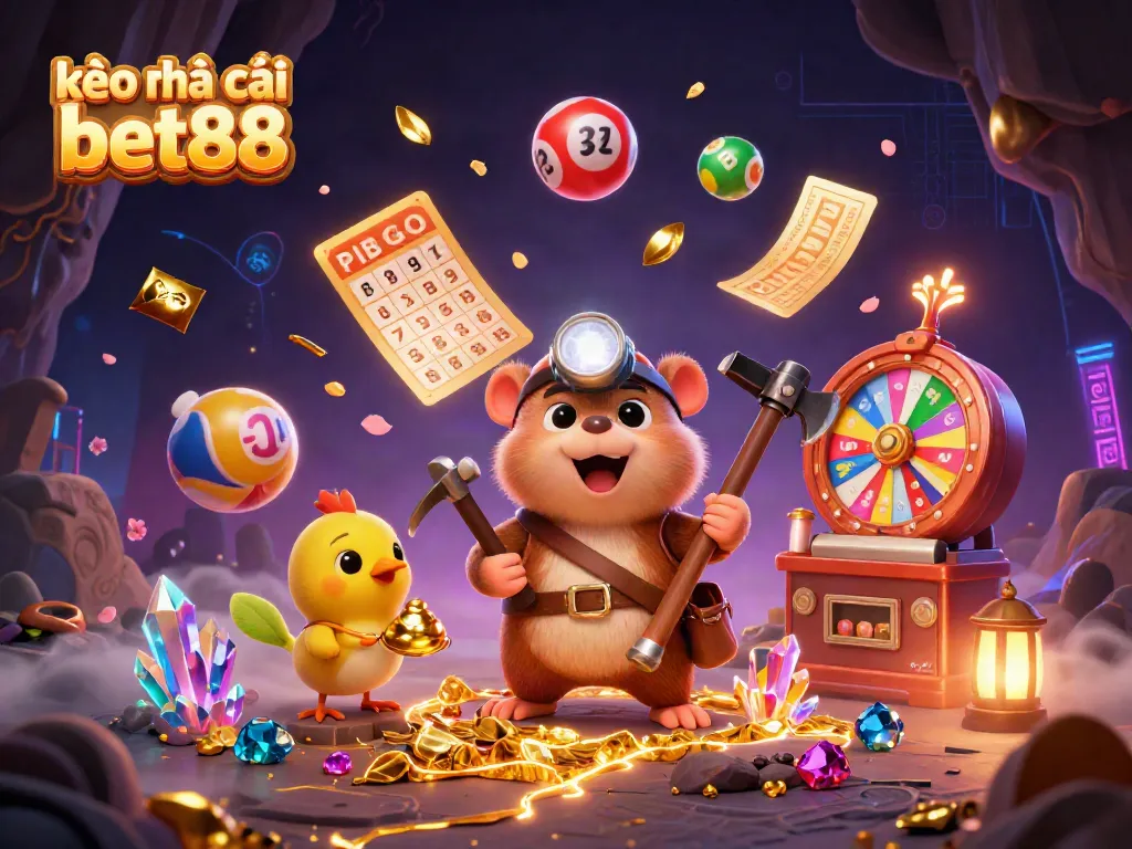 Engaging illustration featuring kèo nhà cái bet88 with cartoon treasure hunter mole mining gold and gems, surrounded by dynamic lottery elements.