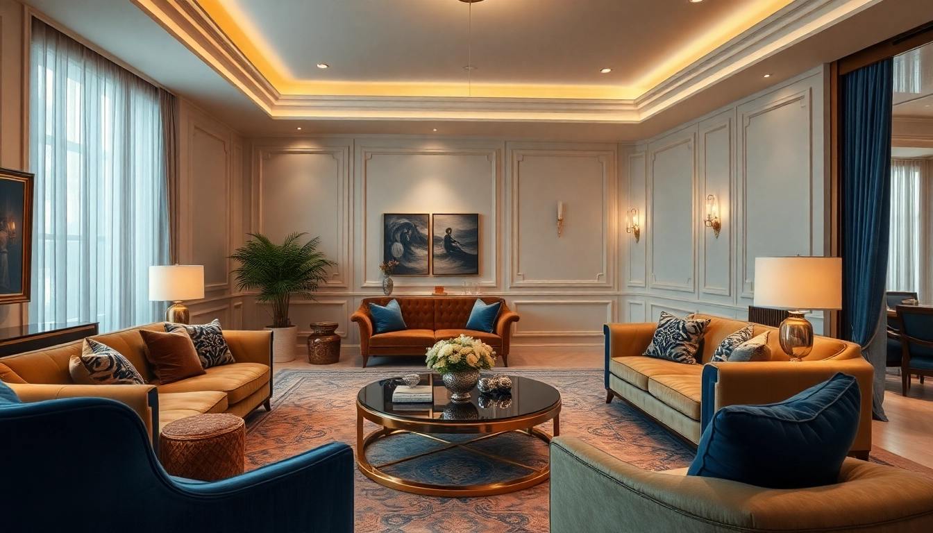 Luxury living space featuring elegant furnishings and soft ambient lighting.
