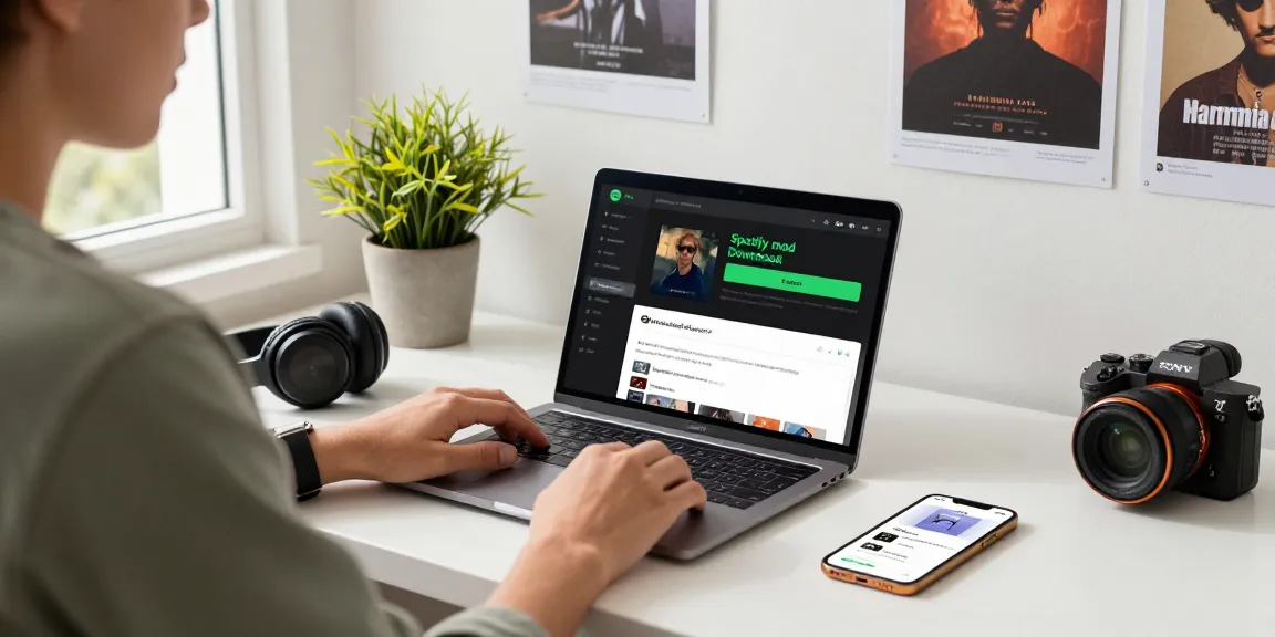 Engaging digital workspace showcasing spotify mod download process with music streaming interface and notifications.