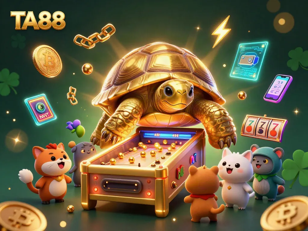 Experience the excitement of TA88 with vibrant visuals of a golden tortoise pinball machine amidst glowing crypto coins and slot elements.