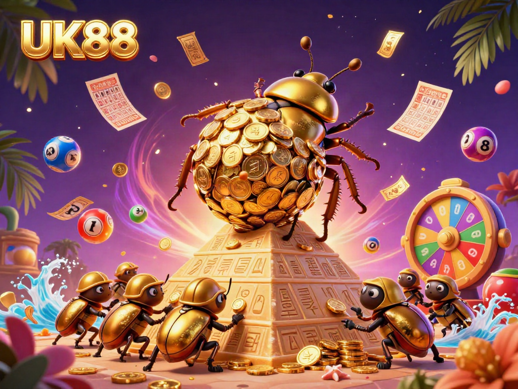 Engage with UK88's exhilarating gaming experience featuring a vibrant illustration of golden beetles amid casino symbols.