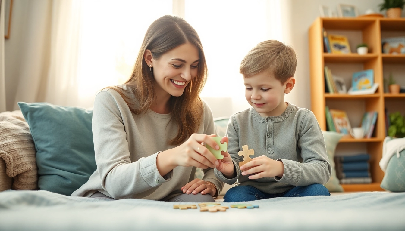 Kindererziehung: Eine Mutter zeigt ihrem Kind spielerisch, wie man ein Puzzle löst, in einem einladenden Wohnzimmer voller Bücher und Spiele.